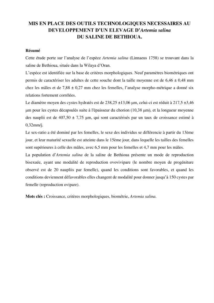 Mis en place des outils technologiques necessaires au developpement d\'un elevage d\'Artémia Salina du saline de Bethioua