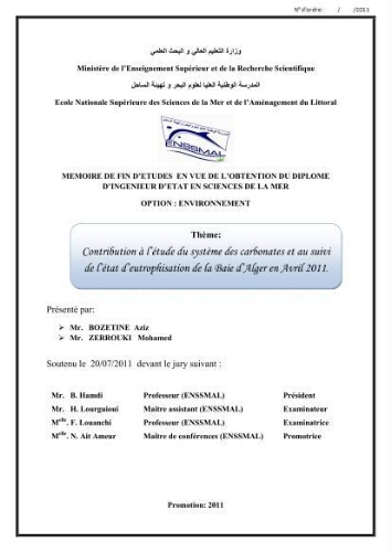 Contribution à l'étude du système des carbonates et au suivi de l'état d'eutrophisation de la baie d'Alger en avril 2011: Contribution à l'étude du système des carbonates et au suivi de l'état d'eutrophisation de la baie d'Alger en avril 2011: