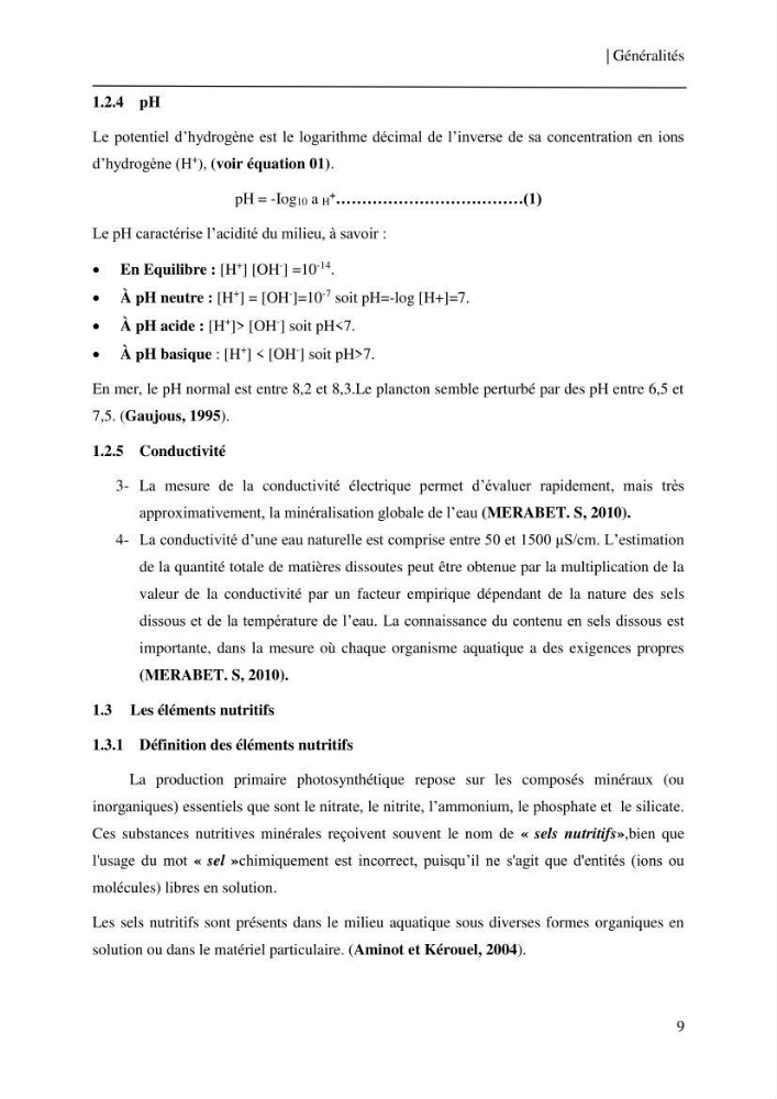 Etude et suivi des paramètres physico-chimiques et sels nutritifs dans les eaux côtières de la baie de Bou-Ismail