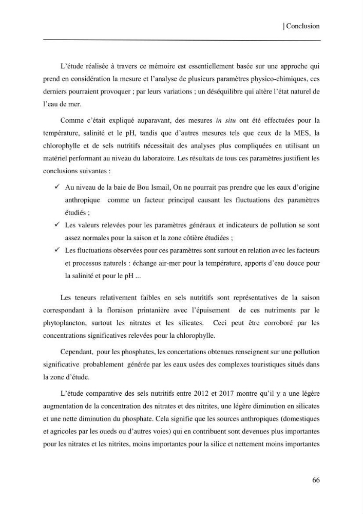 Etude et suivi des paramètres physico-chimiques et sels nutritifs dans les eaux côtières de la baie de Bou-Ismail