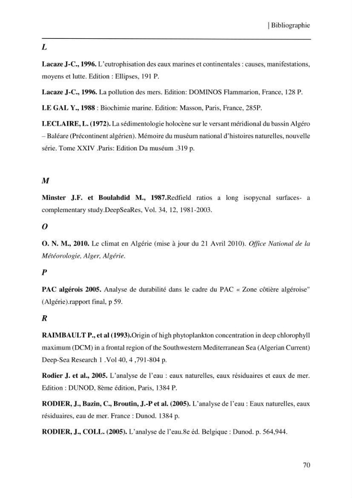 Etude et suivi des paramètres physico-chimiques et sels nutritifs dans les eaux côtières de la baie de Bou-Ismail