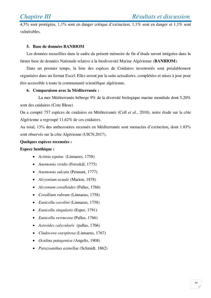 Inventaire des cnidaires de la côte Algérienne