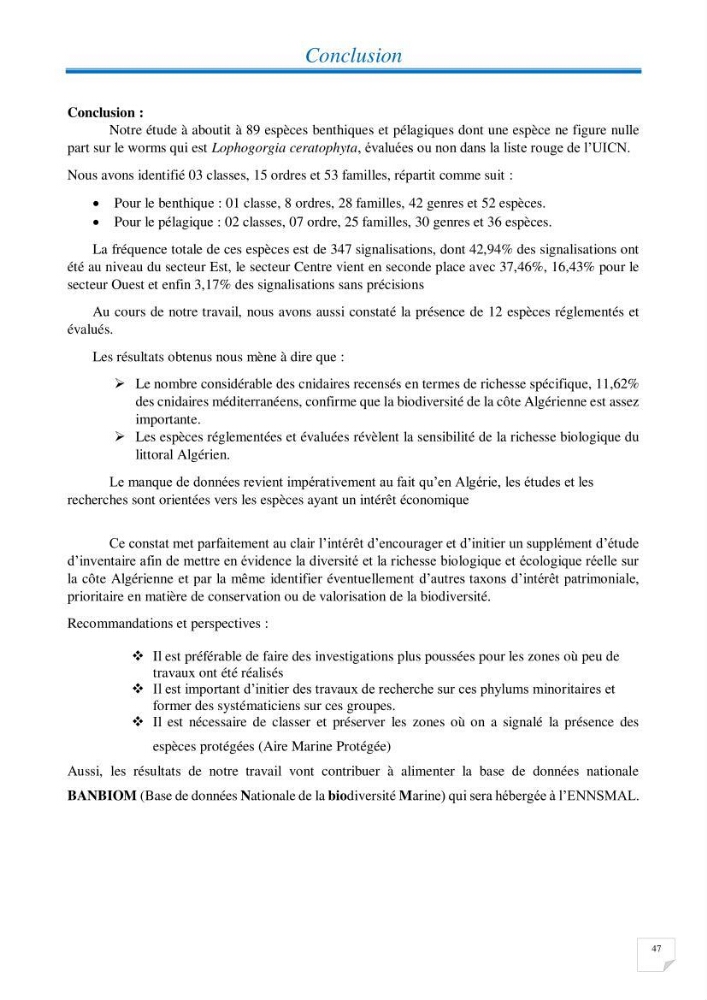 Inventaire des cnidaires de la côte Algérienne