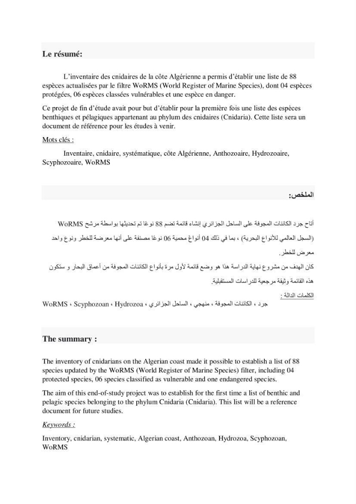 Inventaire des cnidaires de la côte Algérienne