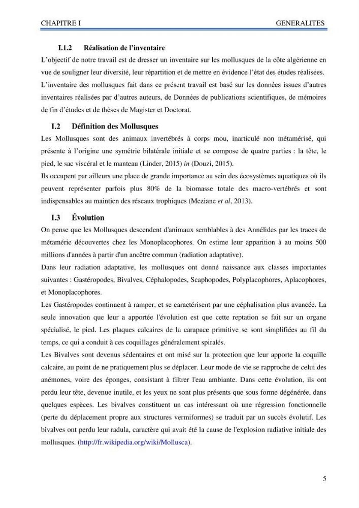 Inventaire des mollusques de la côte Algérienne: