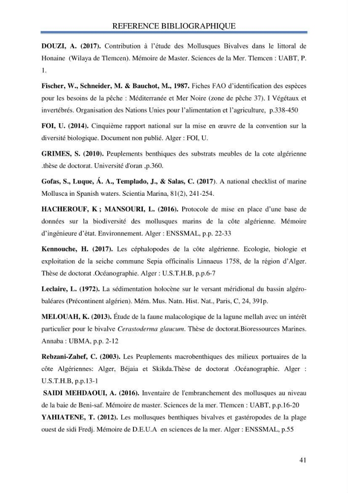 Inventaire des mollusques de la côte Algérienne: