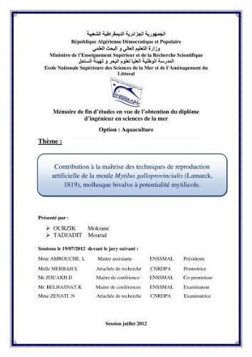 Contribution à la maîtrise des techniques de reproduction artificielle de la moule mytilus galloprovincialis ( Lamarck, 1819 ), mollusque bivalve à potentialité mytilicole: Contribution à la maîtrise des techniques de reproduction artificielle de la moule mytilus galloprovincialis ( Lamarck, 1819 ), mollusque bivalve à potentialité mytilicole: