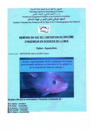 Etude expérimentale de la croissance du Tilapia Oreochromis niloticus en fonction de la salinité et de la densité de mise en charge: Etude expérimentale de la croissance du Tilapia Oreochromis niloticus en fonction de la salinité et de la densité de mise en charge: