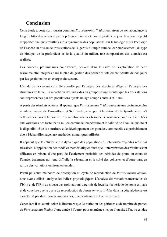 Dynamique,biologie et écologie de l\'oursin comestible Paracentrotus lividus (Lamarc,1816) de la côte algéroise