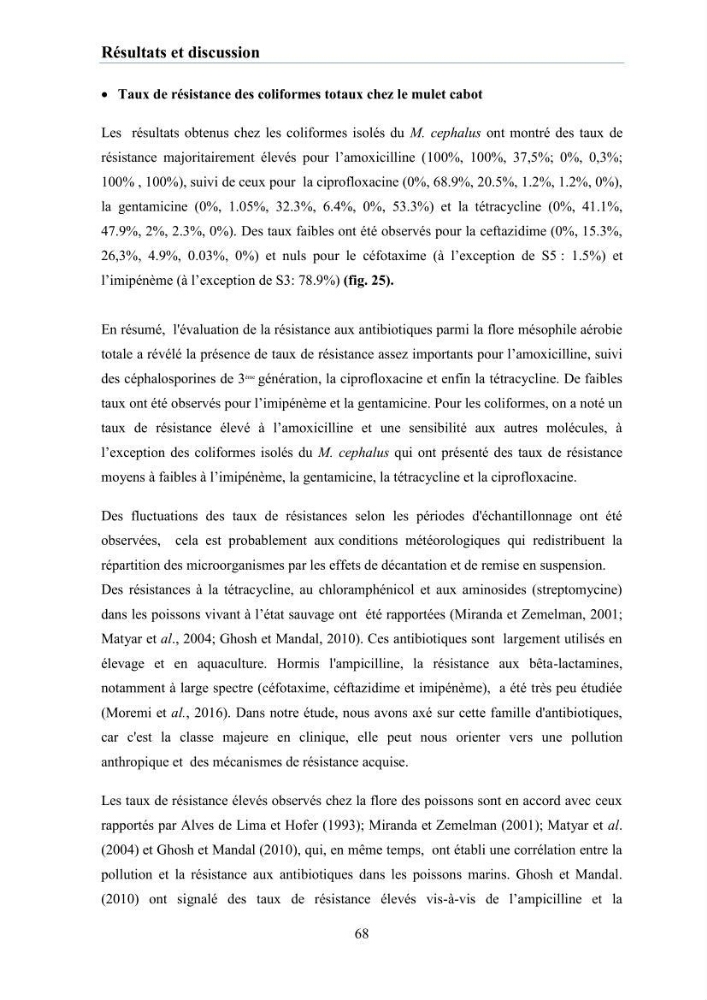 Evaluation et caractérisation de la résistance aux antibiotiques chez des bactéries à Gram négatif isolées à partir de milieux et d’animaux aquatiques: