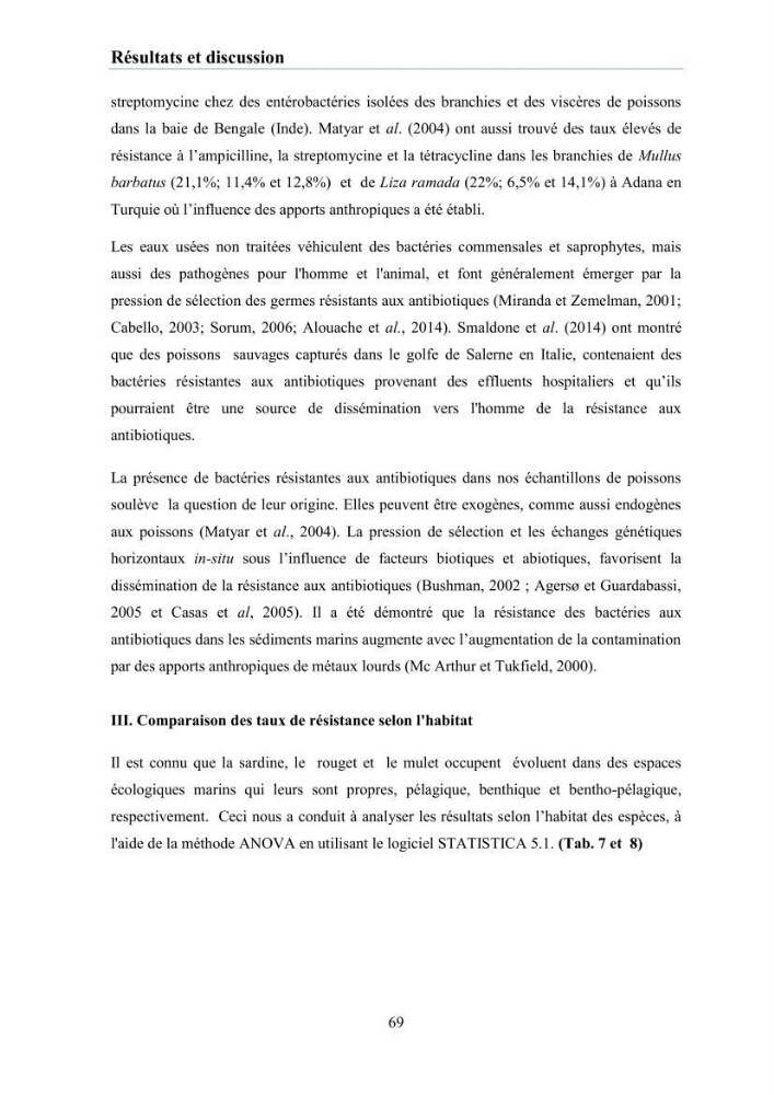 Evaluation et caractérisation de la résistance aux antibiotiques chez des bactéries à Gram négatif isolées à partir de milieux et d’animaux aquatiques: