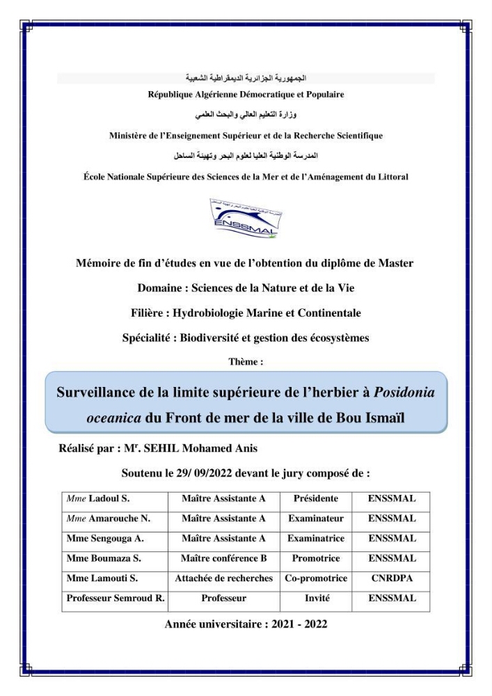 Surveillance de la limite supérieure de l\'herbier à Posidonia océanica du front de mer de la ville de Bou Ismail