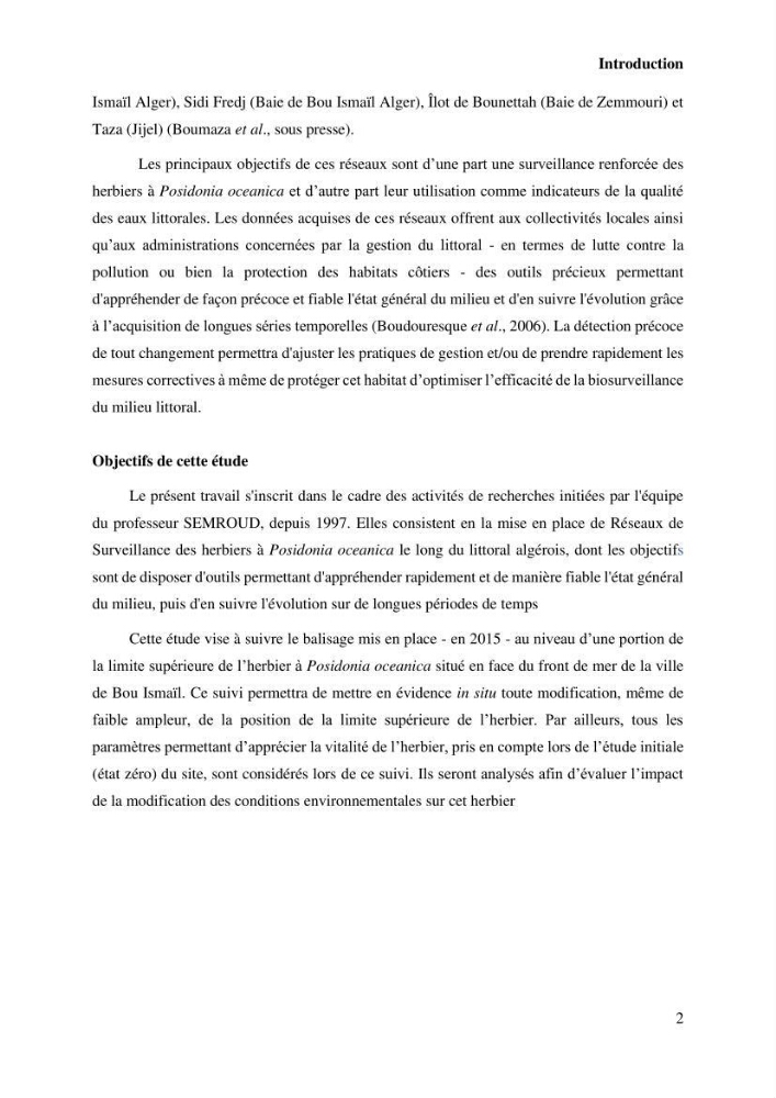Surveillance de la limite supérieure de l\'herbier à Posidonia océanica du front de mer de la ville de Bou Ismail