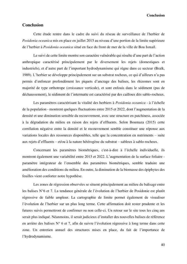 Surveillance de la limite supérieure de l\'herbier à Posidonia océanica du front de mer de la ville de Bou Ismail