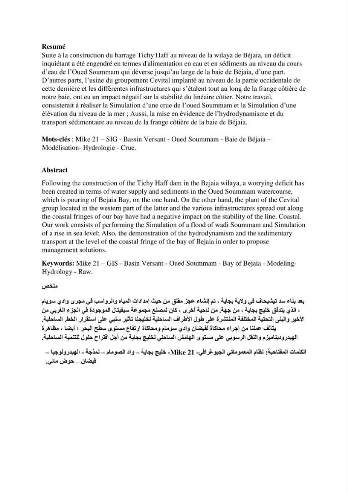 Hydrologie, modélisation hydro-sédimentaire et conception des ouvrages de protection : cas de la baie de Béjaia