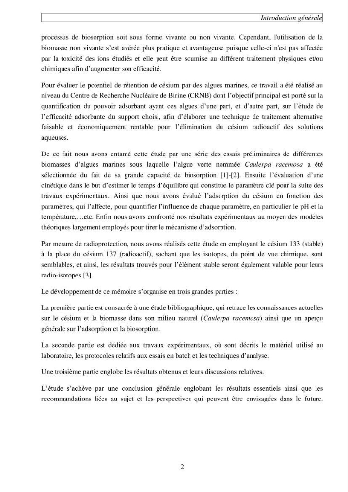 Etude de la rétention de césium en milieu aqueux par un biosorbant