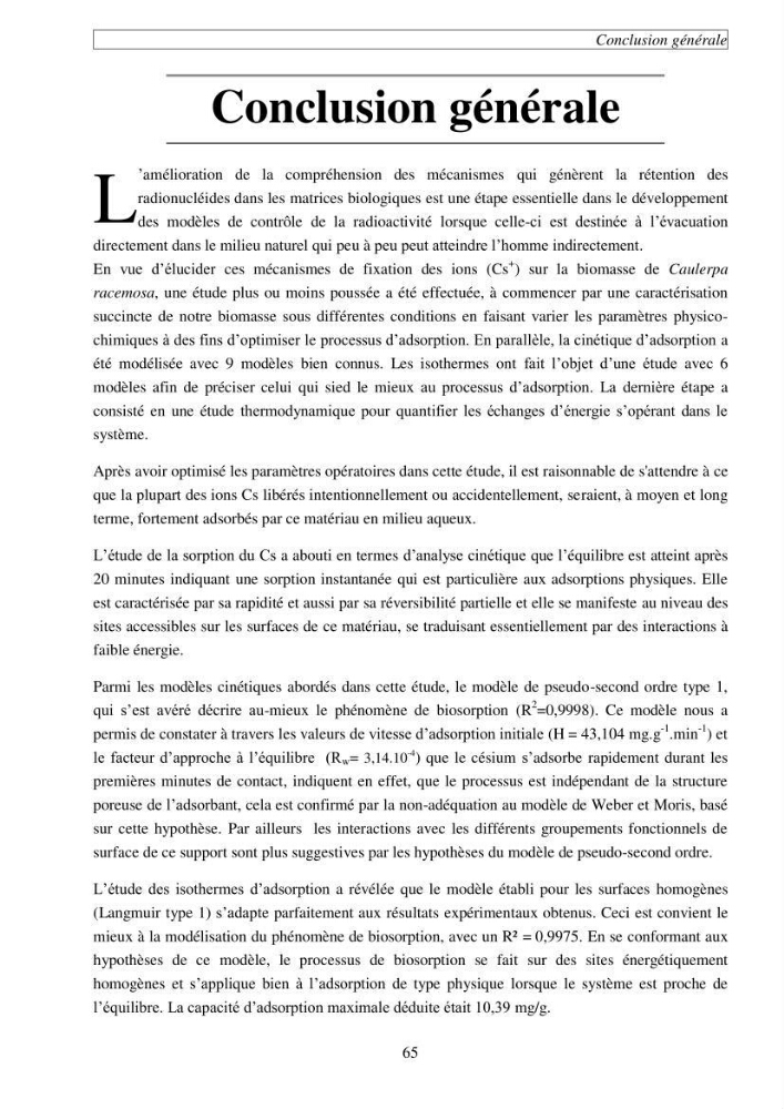 Etude de la rétention de césium en milieu aqueux par un biosorbant