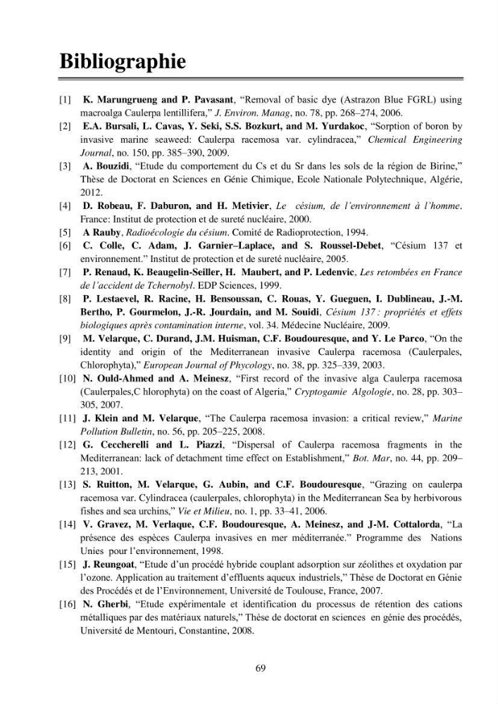 Etude de la rétention de césium en milieu aqueux par un biosorbant