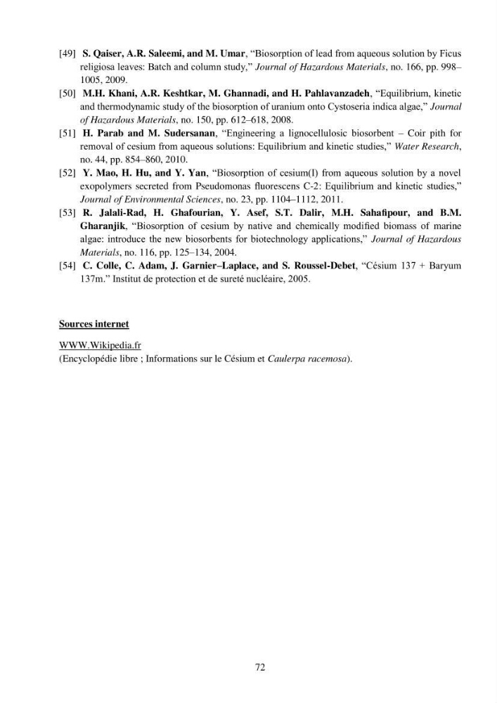 Etude de la rétention de césium en milieu aqueux par un biosorbant