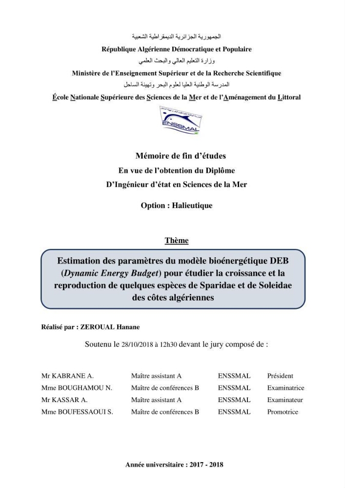 Estimation des paramètres du modèle bioénergétique DEB (Dynamic Energy Budget) pour étudier la croissance et la reproduction de quelques espèces de Sparidae et de Soleidae des côtes algériennes.