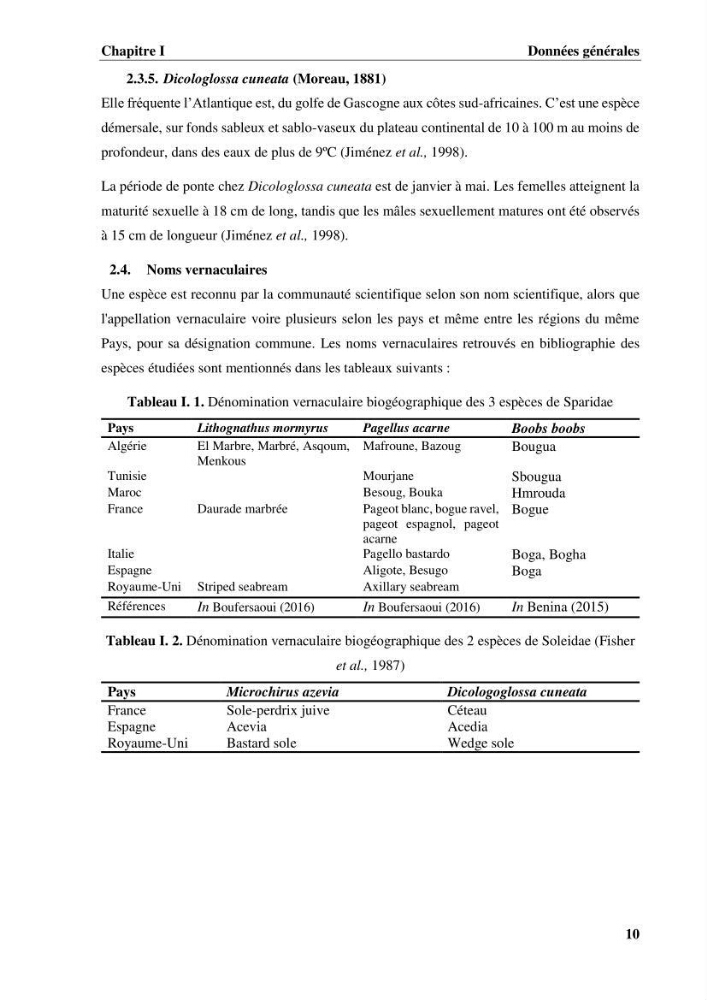 Estimation des paramètres du modèle bioénergétique DEB (Dynamic Energy Budget) pour étudier la croissance et la reproduction de quelques espèces de Sparidae et de Soleidae des côtes algériennes.