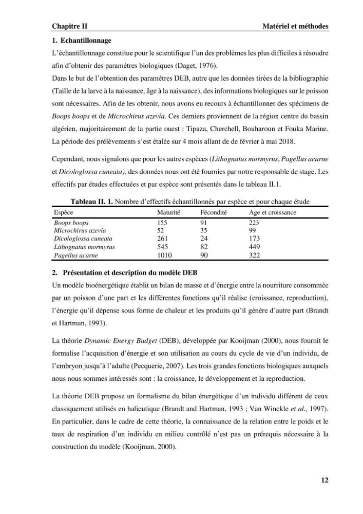 Estimation des paramètres du modèle bioénergétique DEB (Dynamic Energy Budget) pour étudier la croissance et la reproduction de quelques espèces de Sparidae et de Soleidae des côtes algériennes.