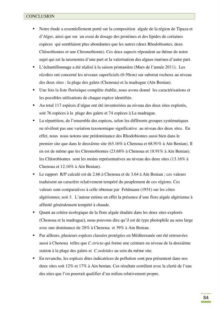 Etude de la flore algale de la région ouest d\' Alger