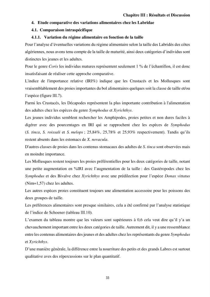 Contribution à l’étude comparative des stratégies alimentaires de cinq espèces de Labridae (Téléostéens, Perciformes) du bassin algérien.