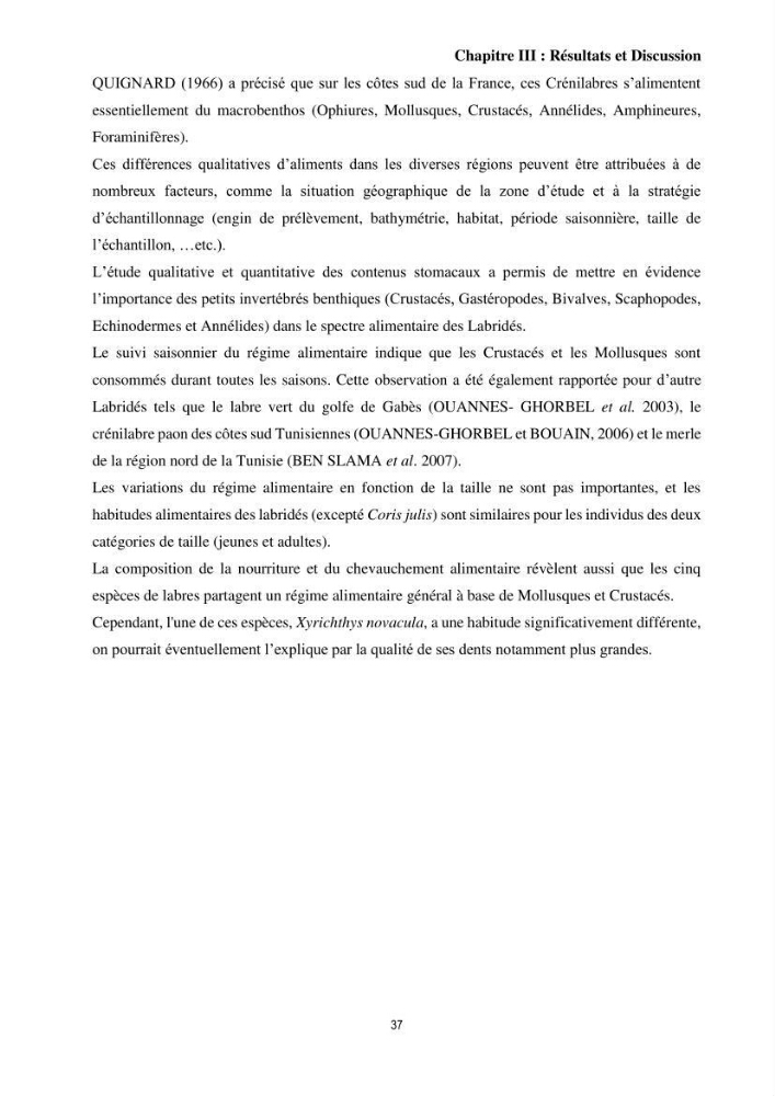 Contribution à l’étude comparative des stratégies alimentaires de cinq espèces de Labridae (Téléostéens, Perciformes) du bassin algérien.