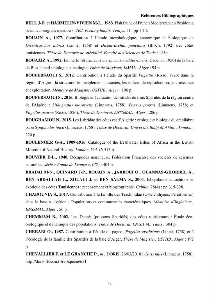 Contribution à l’étude comparative des stratégies alimentaires de cinq espèces de Labridae (Téléostéens, Perciformes) du bassin algérien.