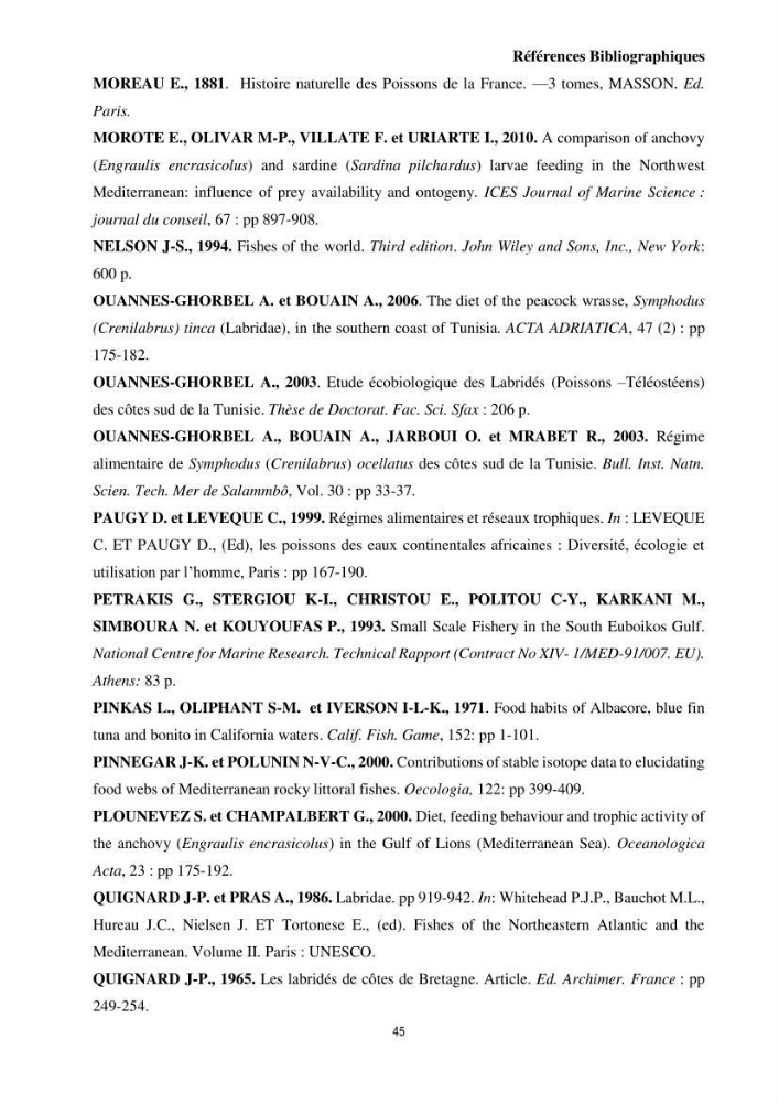 Contribution à l’étude comparative des stratégies alimentaires de cinq espèces de Labridae (Téléostéens, Perciformes) du bassin algérien.