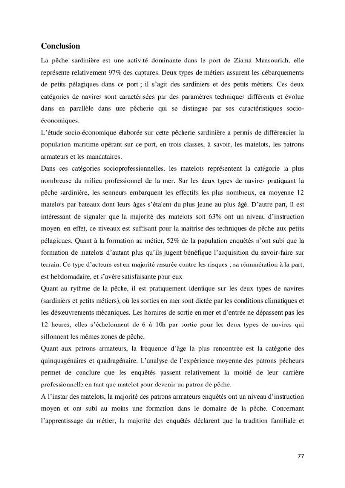Etude des indicateurs socio-économiques de la pêcherie sardinière dans le port de Ziama Mansouriah: