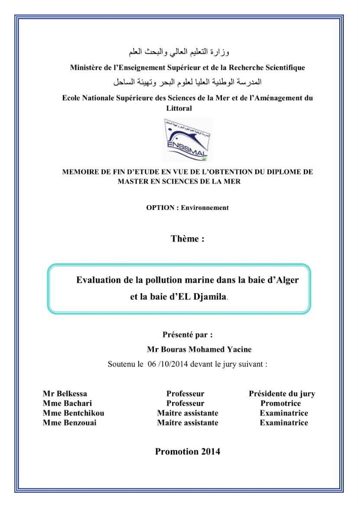 Evaluation de la pollution marine dans la baie d\'Alger et la baie d\'El Djamila
