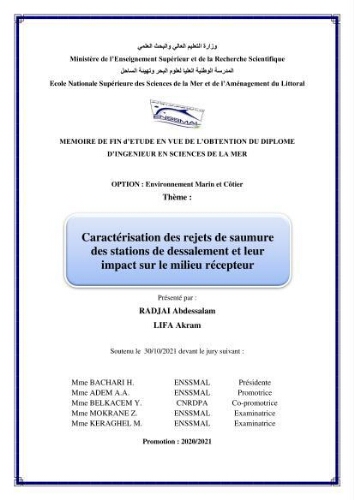 Caractérisation des rejets de saumure des stations de dessalement et leur impact sur le milieu récepteur Caractérisation des rejets de saumure des stations de dessalement et leur impact sur le milieu récepteur