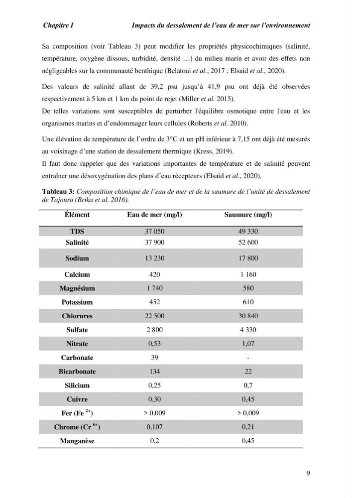 Caractérisation des rejets de saumure des stations de dessalement et leur impact sur le milieu récepteur