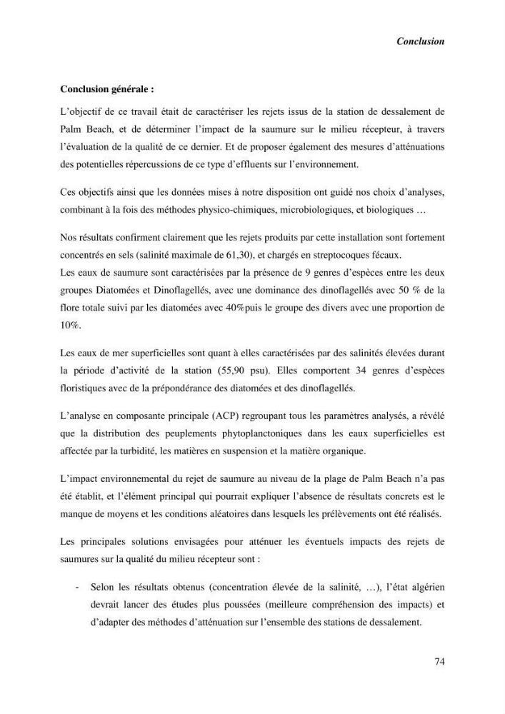 Caractérisation des rejets de saumure des stations de dessalement et leur impact sur le milieu récepteur