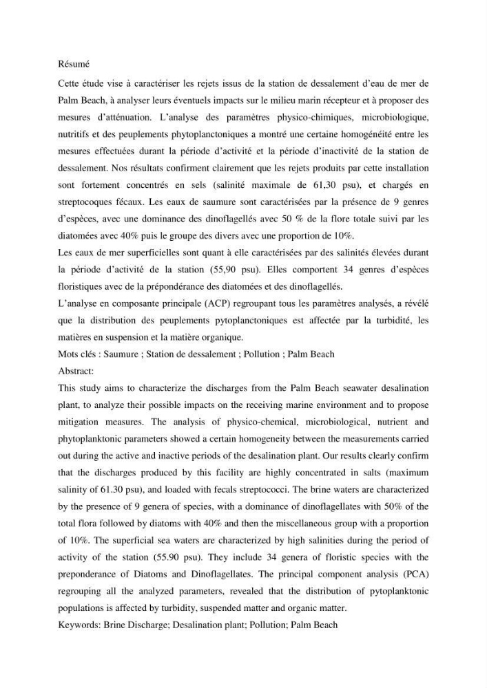 Caractérisation des rejets de saumure des stations de dessalement et leur impact sur le milieu récepteur