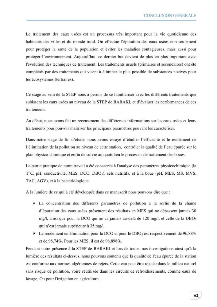 Etude des performances d\'une station d\'épuration des eaux usées