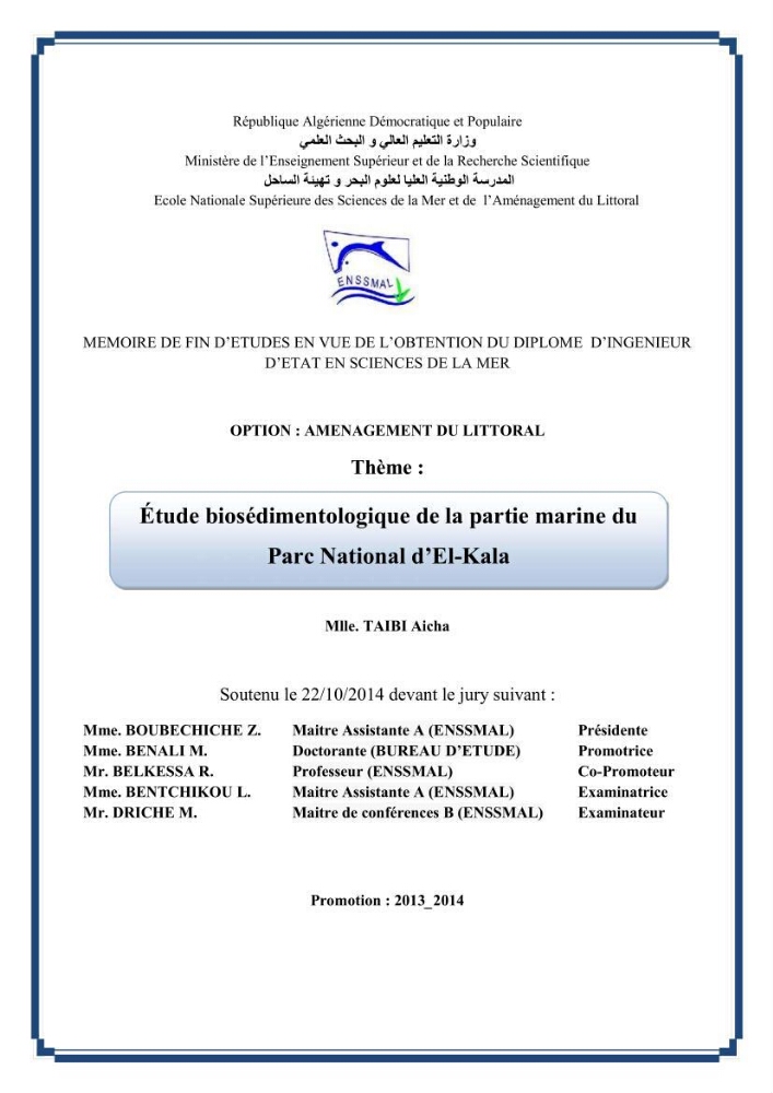 Etude biosédimentologique de la partie marine du parc d\'El-Kala