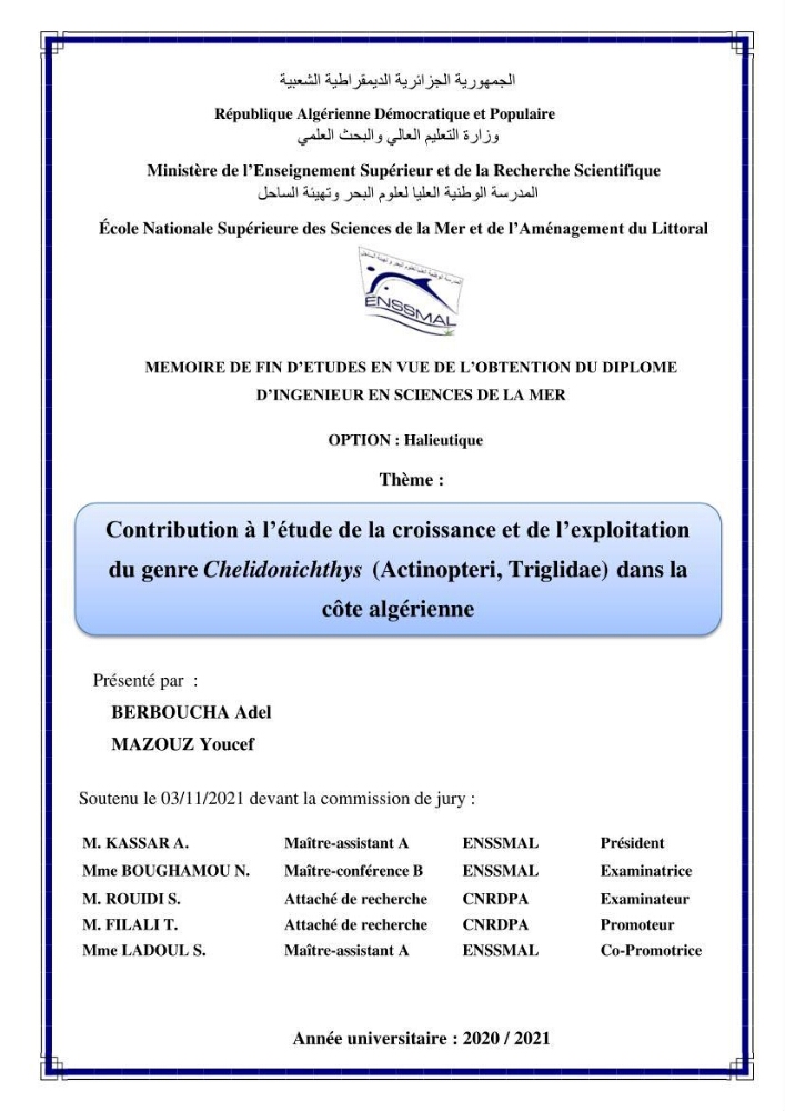Contribution à l\'étude de la croissance et de l\'exploitation du genre Chelidonichthys ( Actinopteri, Triglidae) dans la côte Algérienne: