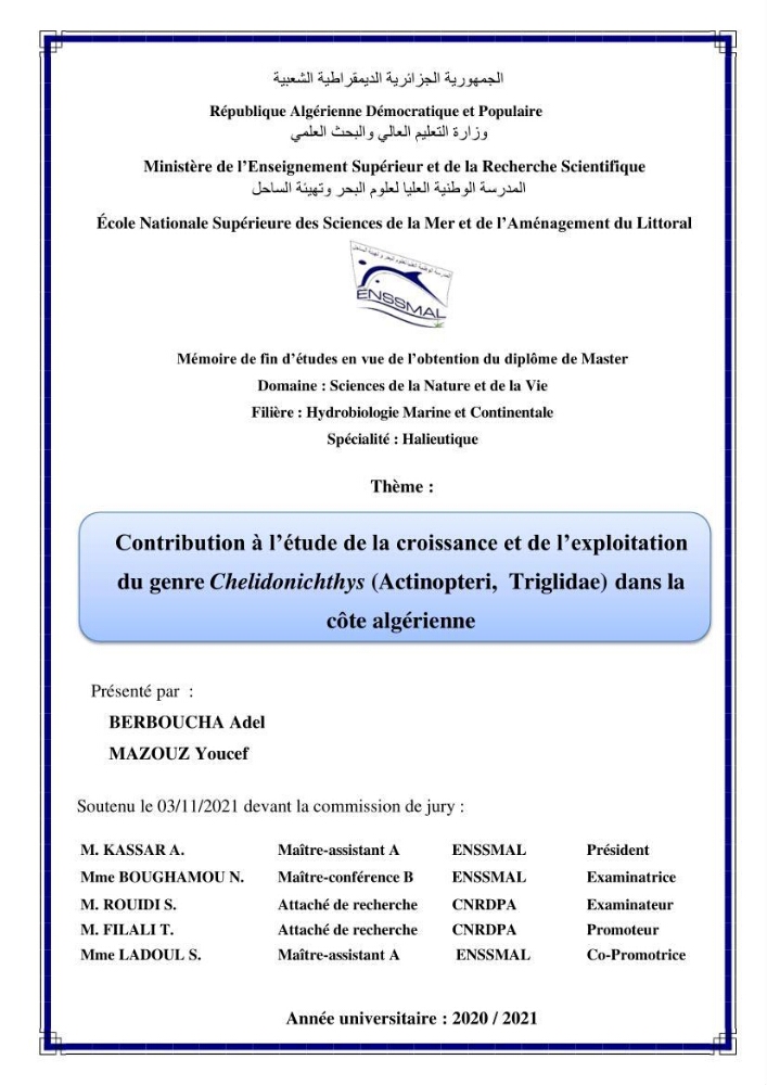 Contribution à l\'étude de la croissance et de l\'exploitation du genre Chelidonichthys ( Actinopteri, Triglidae) dans la côte Algérienne: