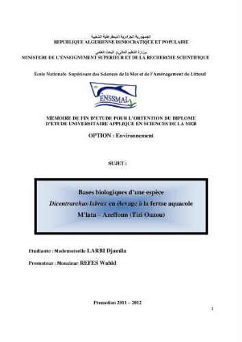 Bases biologiques d'une espèce dicentrarchus labrax en élevage à la ferme aquacole M'lata- Azeffoun ( Tizi Ouzou ): Bases biologiques d'une espèce dicentrarchus labrax en élevage à la ferme aquacole M'lata- Azeffoun ( Tizi Ouzou ):