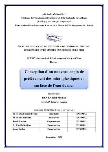 Conception d’un nouveau engin de prélèvement des microplastiques en surface de l’eau de mer Conception d’un nouveau engin de prélèvement des microplastiques en surface de l’eau de mer