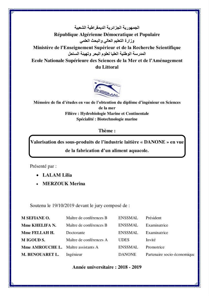 Valorisation des sous-produits de l\'industrie laitières (DANONE) en vue de la fabrication d\'un aliment aquacole