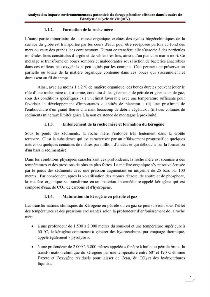 Analyse des impacts environnementaux potentiels du forage pétrolier offshore dans le cadre de l’Analyse du Cycle de Vie (ACV):