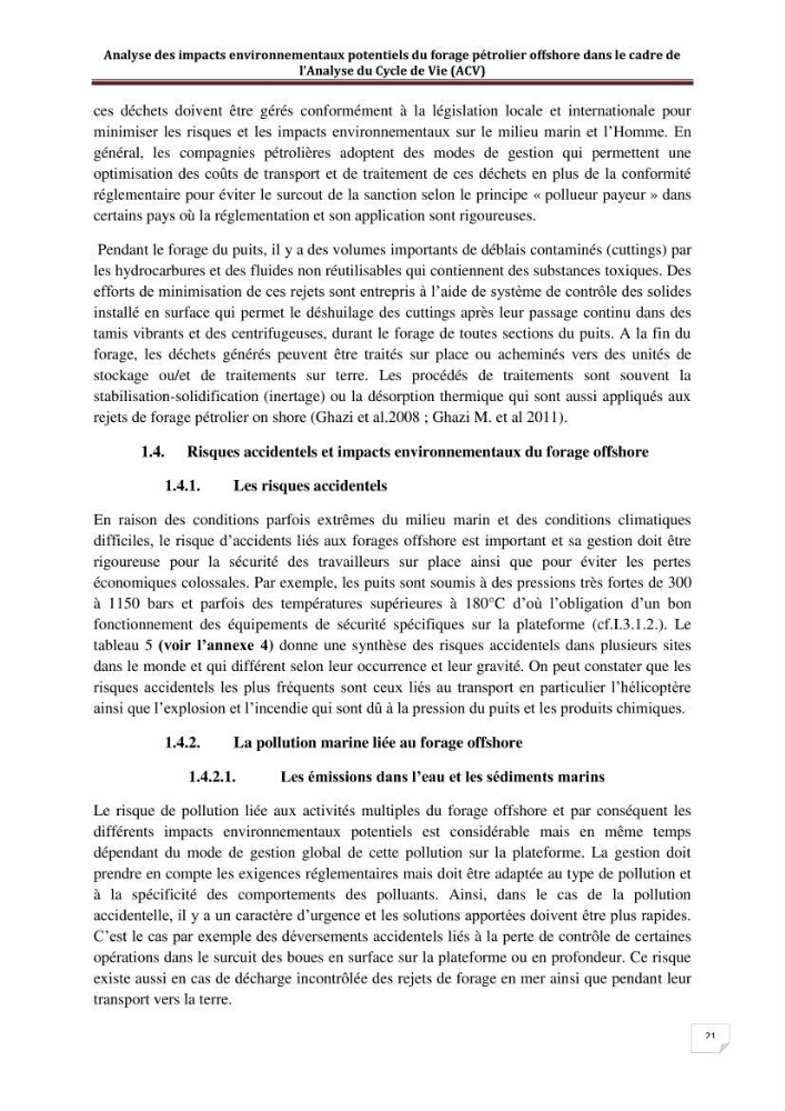 Analyse des impacts environnementaux potentiels du forage pétrolier offshore dans le cadre de l’Analyse du Cycle de Vie (ACV):
