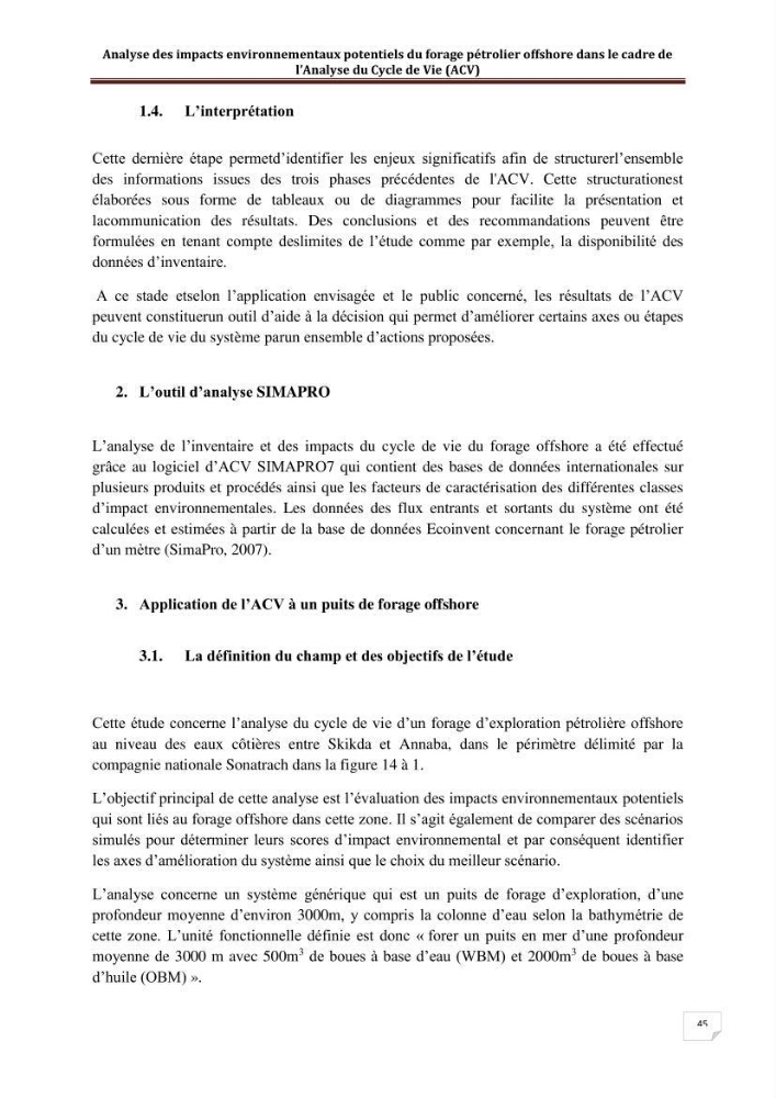 Analyse des impacts environnementaux potentiels du forage pétrolier offshore dans le cadre de l’Analyse du Cycle de Vie (ACV):