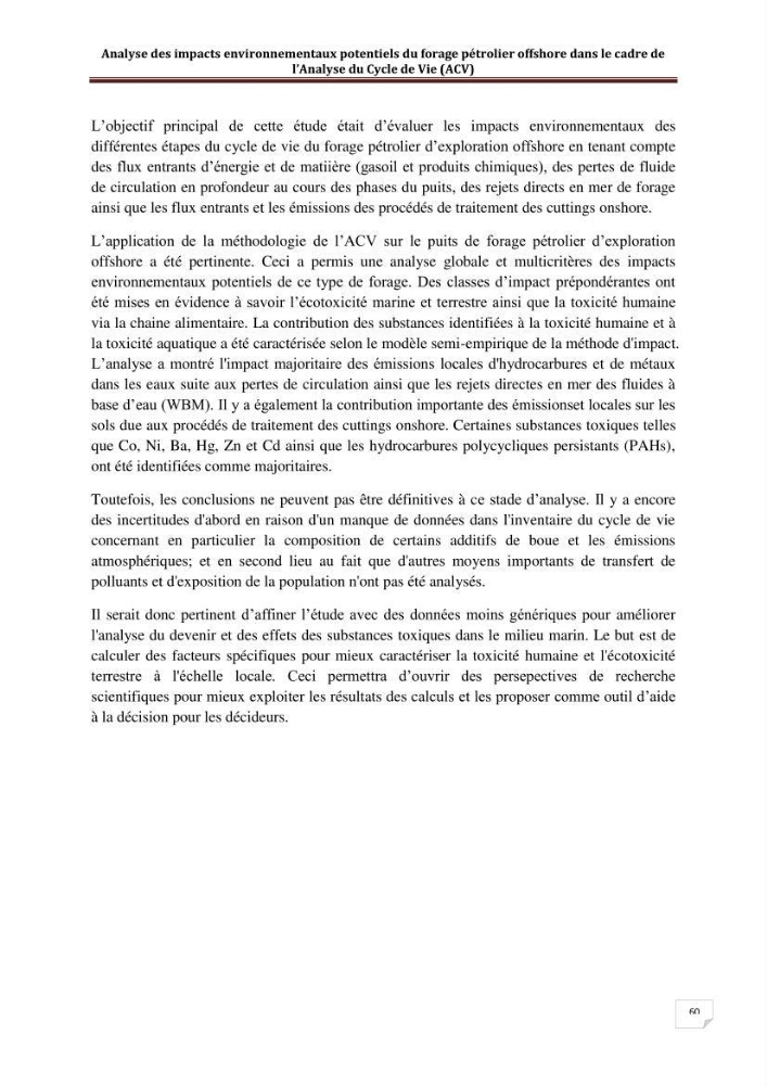Analyse des impacts environnementaux potentiels du forage pétrolier offshore dans le cadre de l’Analyse du Cycle de Vie (ACV):