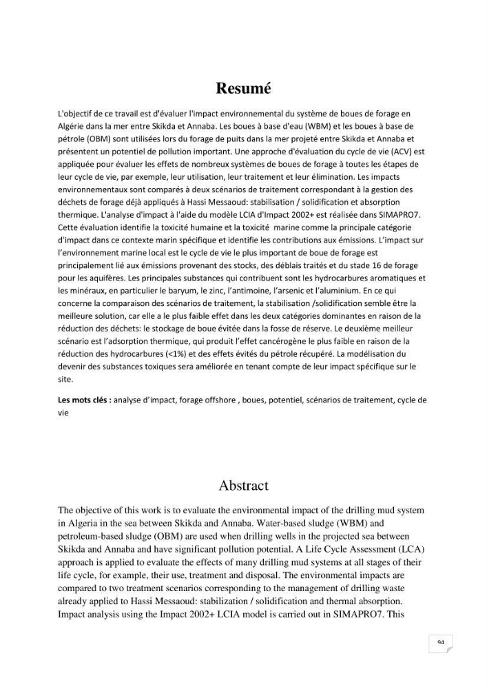 Analyse des impacts environnementaux potentiels du forage pétrolier offshore dans le cadre de l’Analyse du Cycle de Vie (ACV):