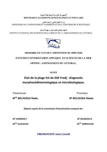 Etat de la plage est de Sidi Fredj: Diagnostic morphosédimentologique et microbiologique Etat de la plage est de Sidi Fredj: Diagnostic morphosédimentologique et microbiologique